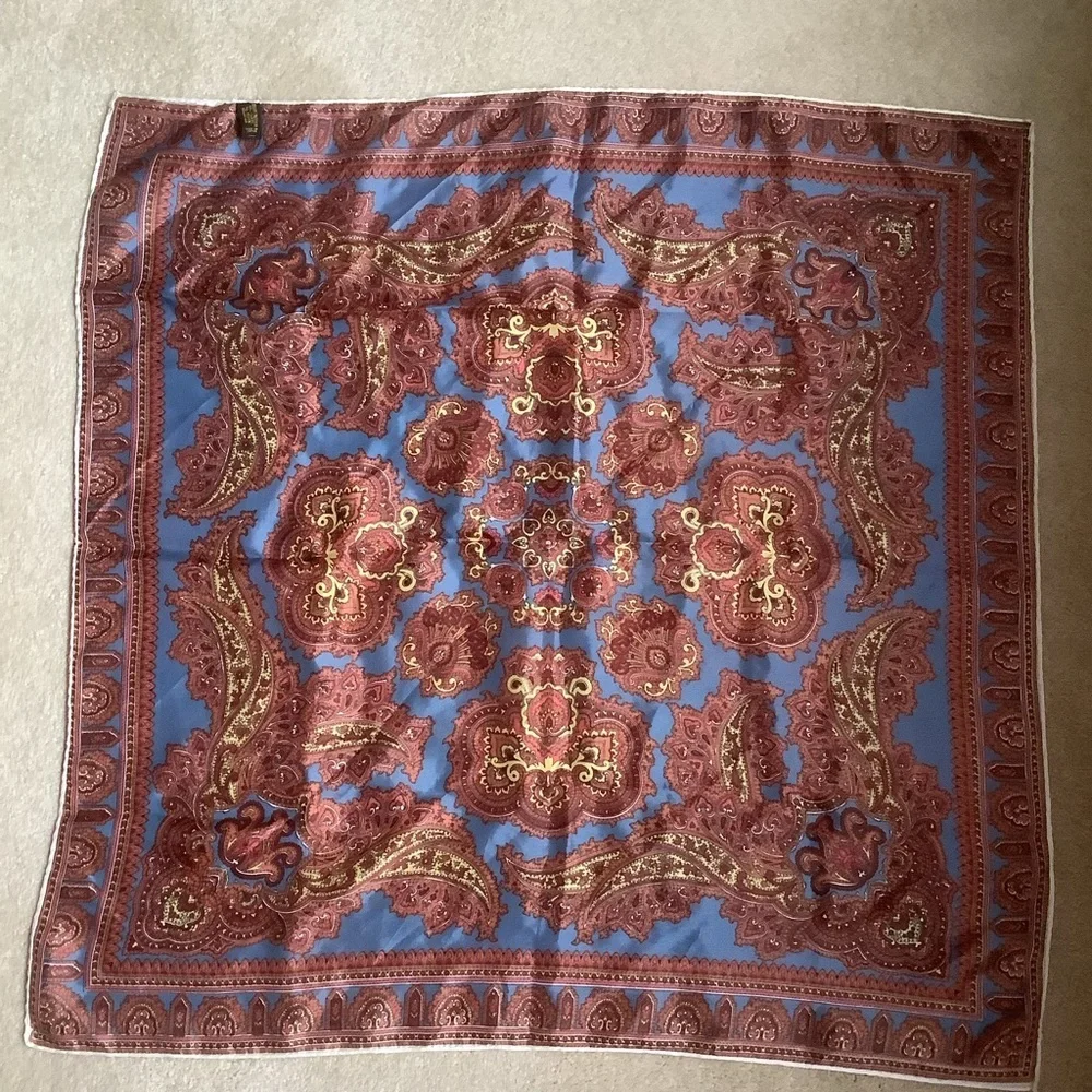 Blue/Bronze Paisley 27” Acetate Scarf Made in Japan
